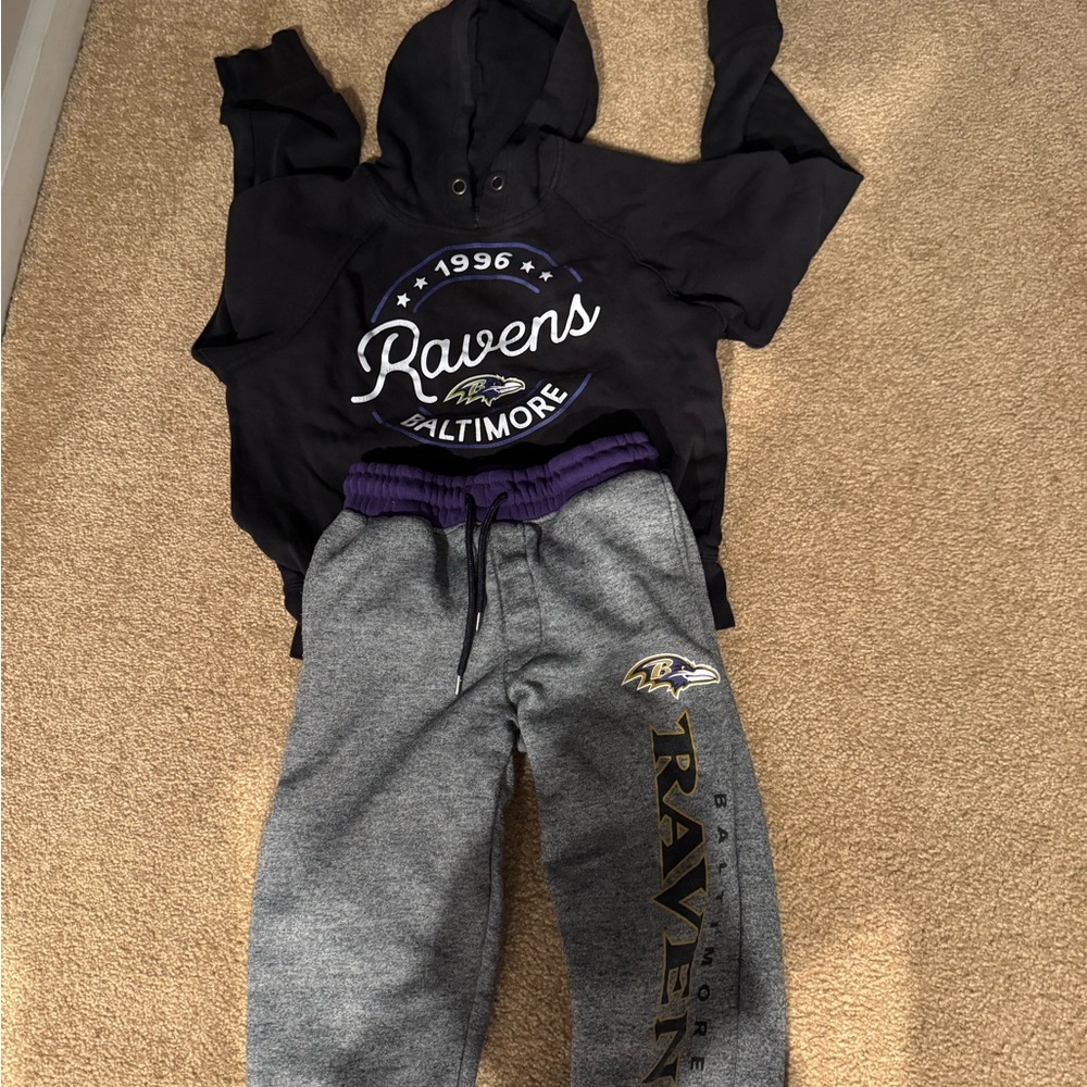 NFL Baltimore Ravens Gray and Black Kids Sweatpants and black hoodie